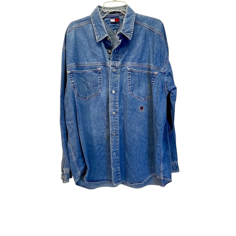 Vtg. Tommy Hilfiger Chambray Work Shirt Mens 2XL Denim 90s Logo Pencil Slot READ